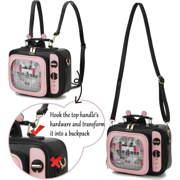 Retro TV Shaped Ita Backpack with Pin Display and Inserts Pink Crossbody Purse - Picture 5 of 9